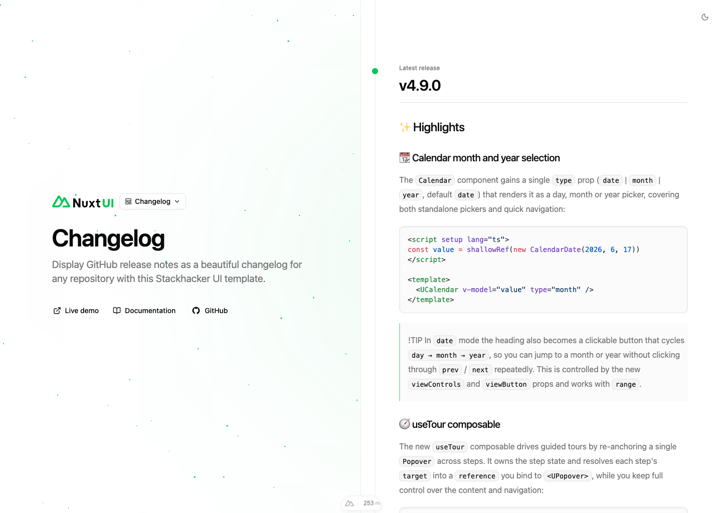Changelog template preview